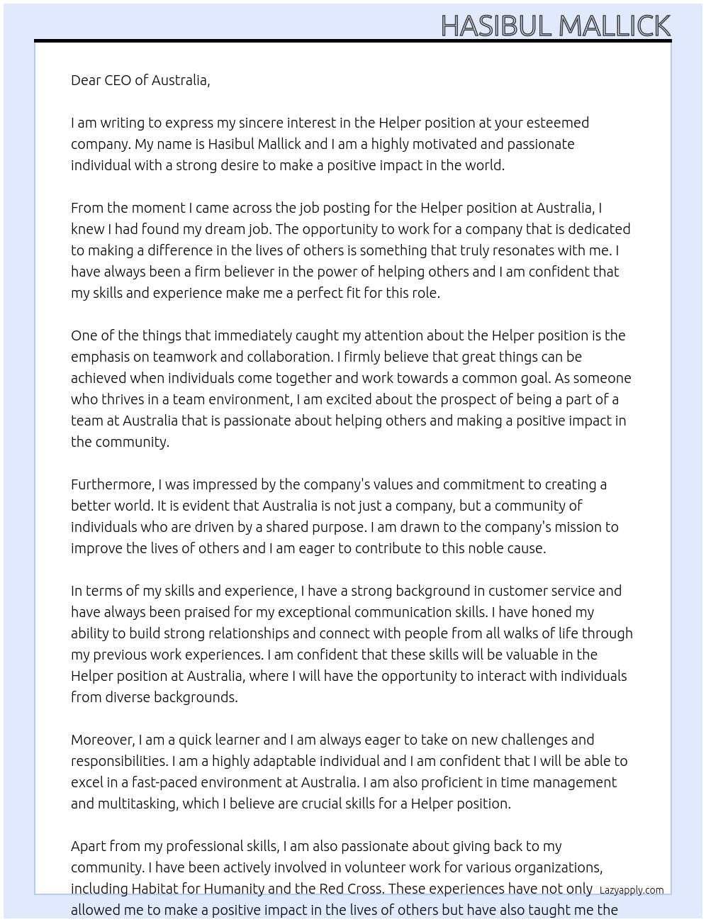 Helper At Australia Cover Letter