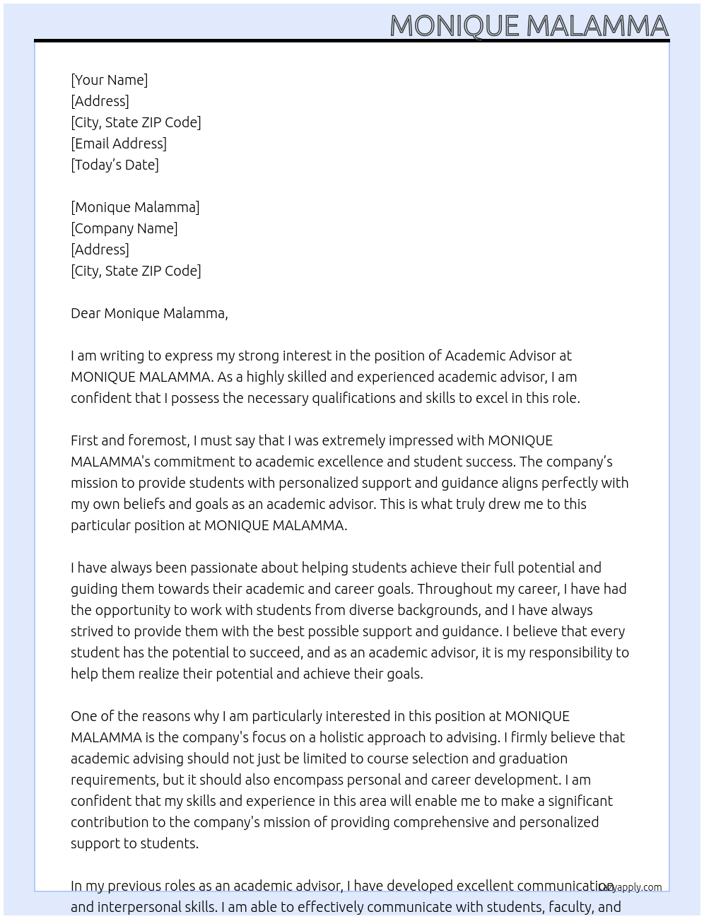Academic Advisor At MONIQUE MALAMMA Cover Letter