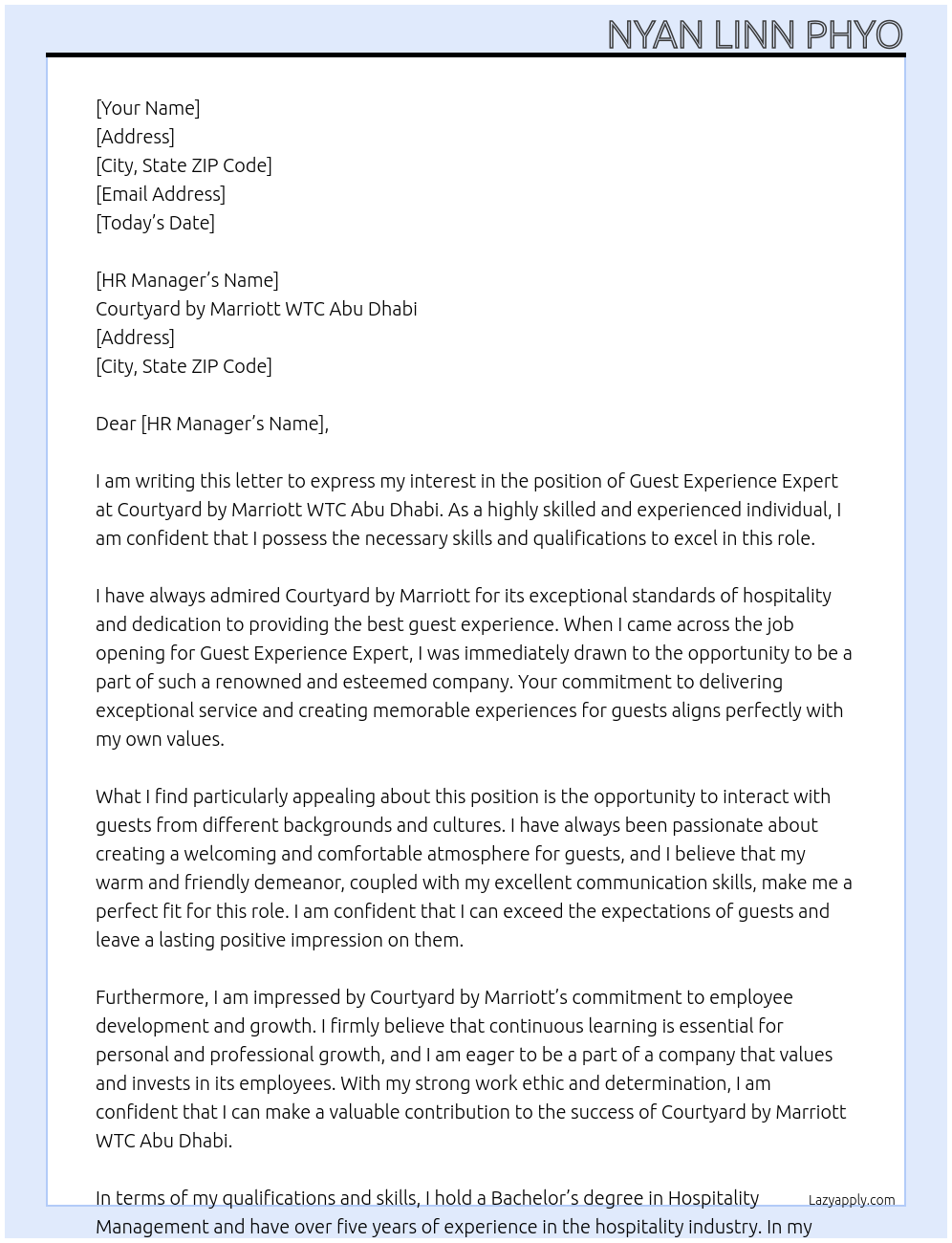 Guest Experience Expert At Courtyard by Marriott WTC Abu Dhabi Cover Letter