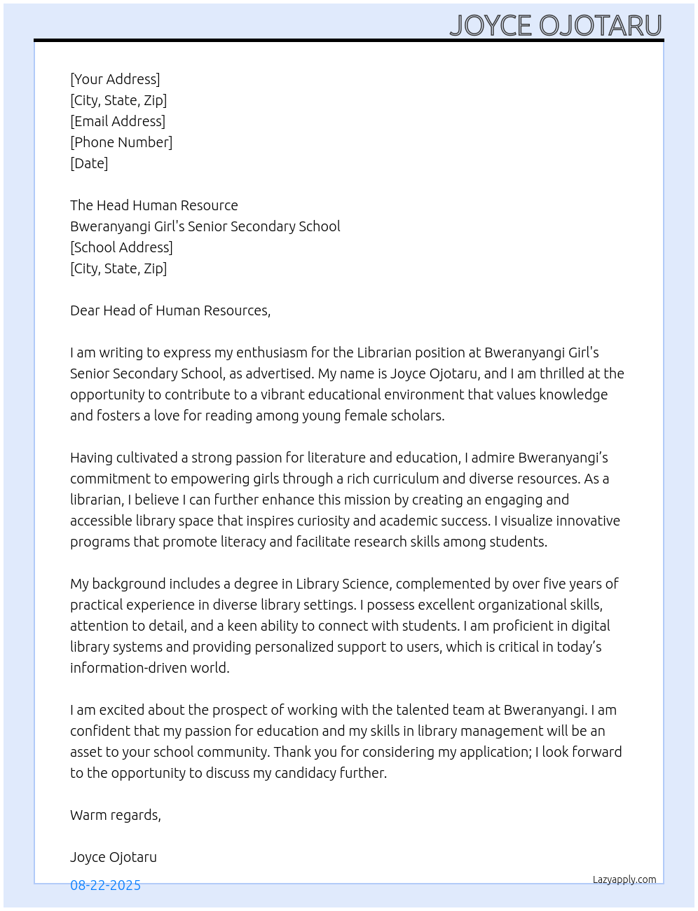 Cover letter for librarian - LazyApply