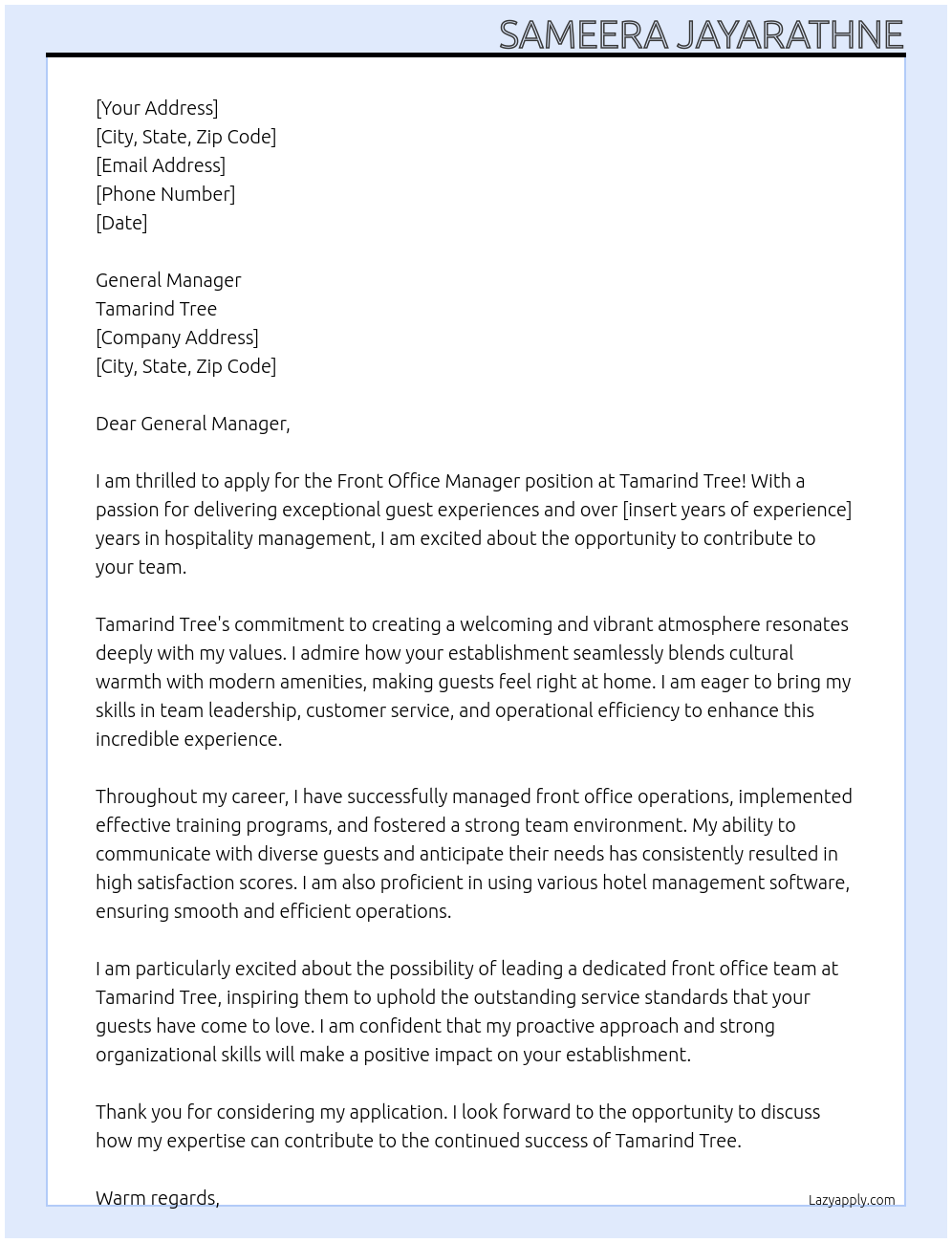 Front Office Manager At Tamarind Tree Cover Letter