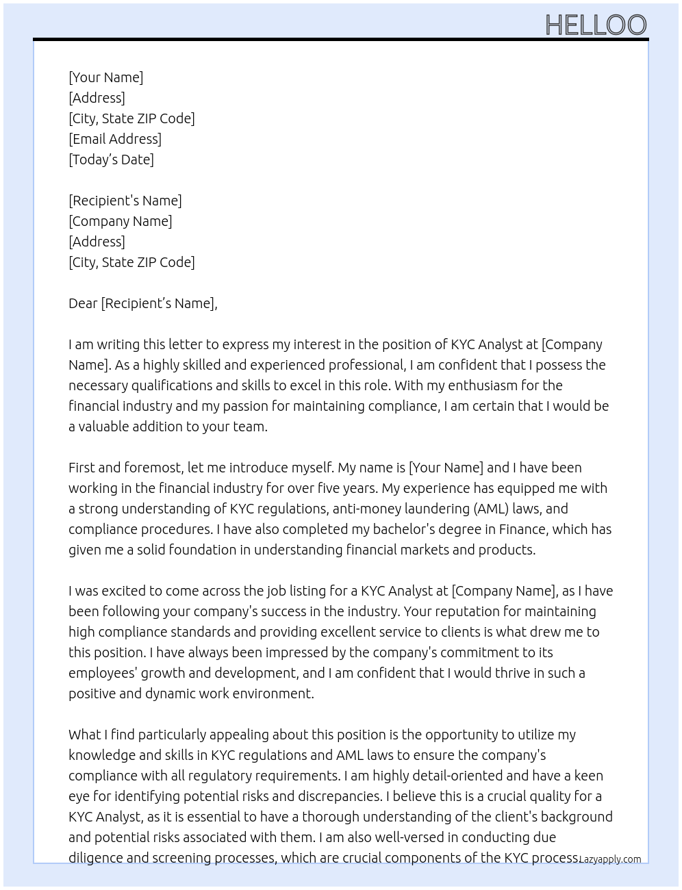 Kyc analyst At Helloo Cover Letter