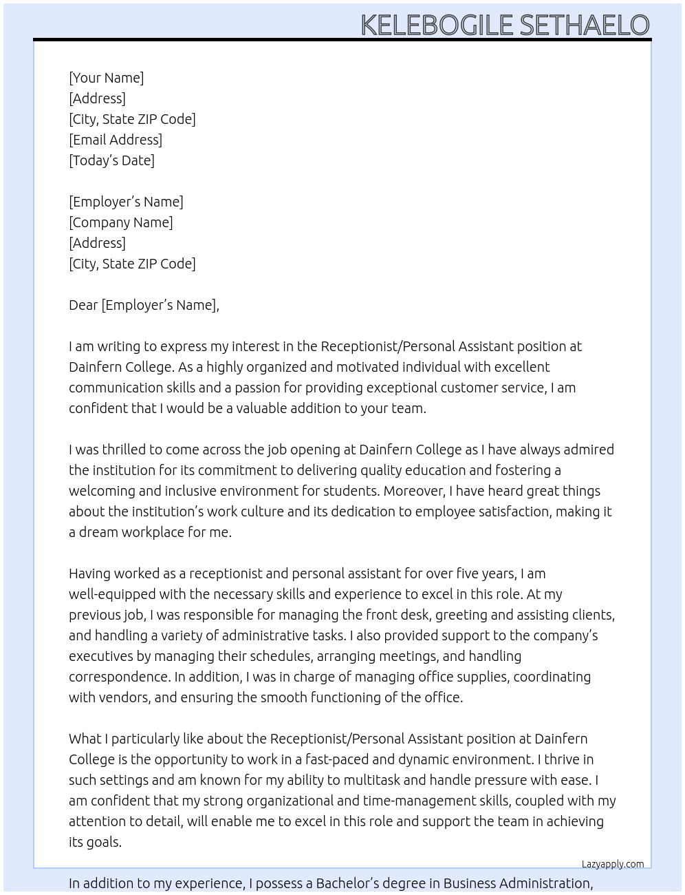 Receptionist/personal assistant  At Dainfern college Cover Letter