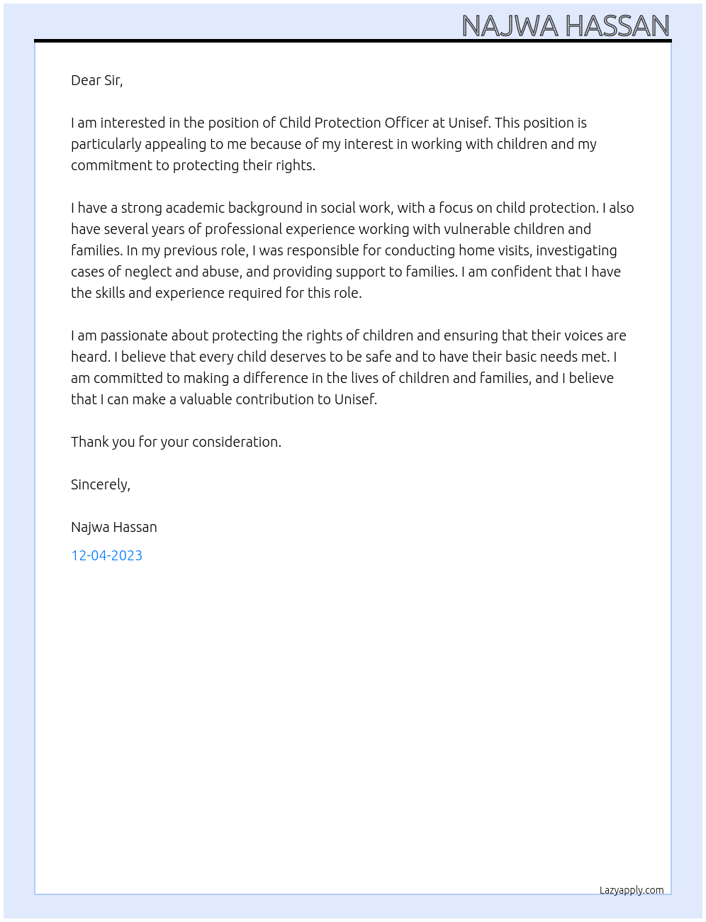Child protection Officer At Unisef Cover Letter