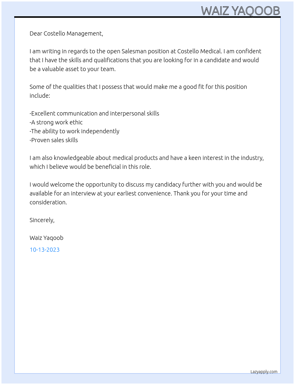 Salesman At Costello medical Cover Letter