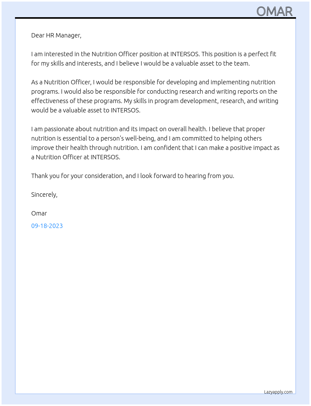 Nutrition Officer At INTERSOS Cover Letter