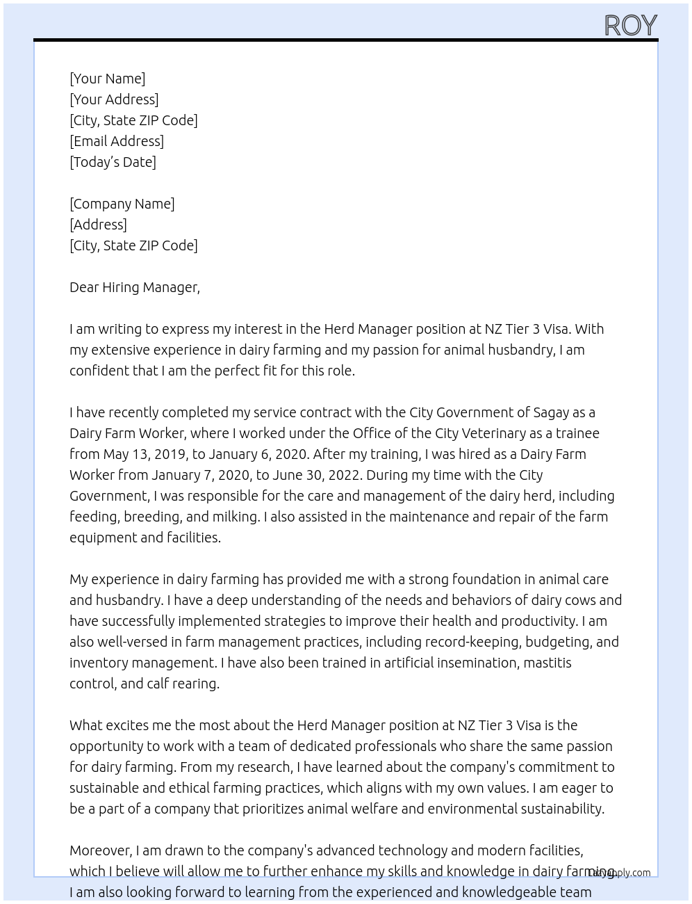 Herd Manager At NZ Tier 3 Visa Cover Letter