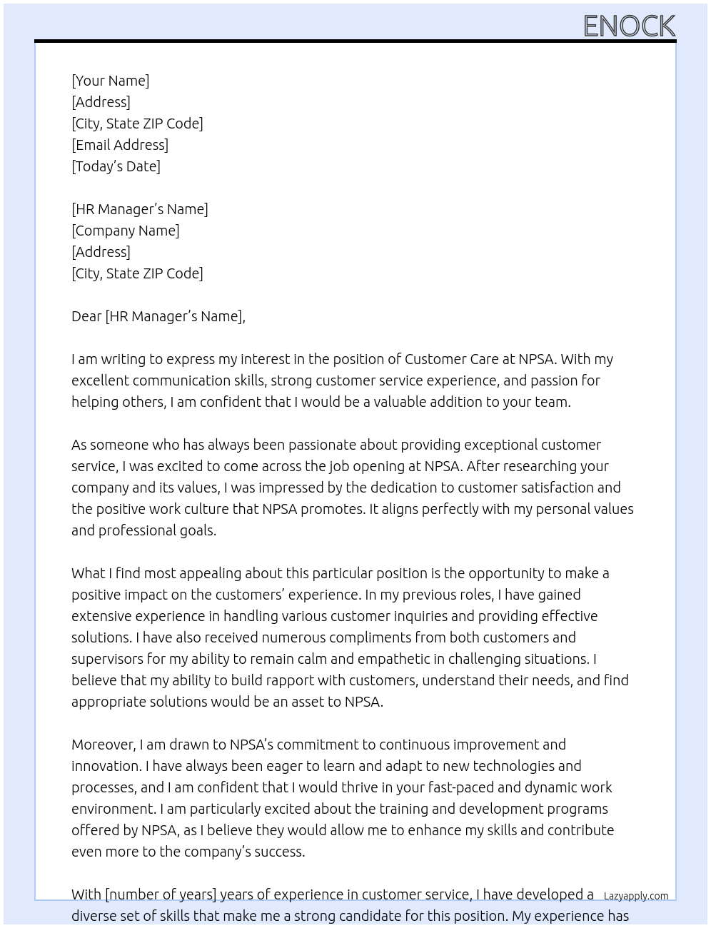 customer care At npsa Cover Letter