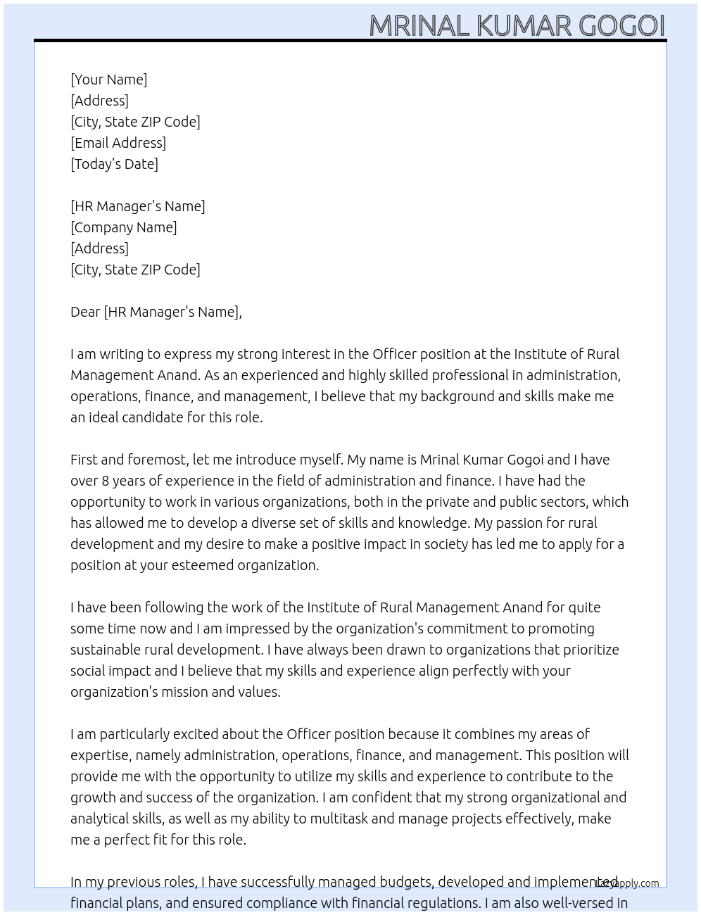 Officer At Institute of Rural Management Anand Cover Letter