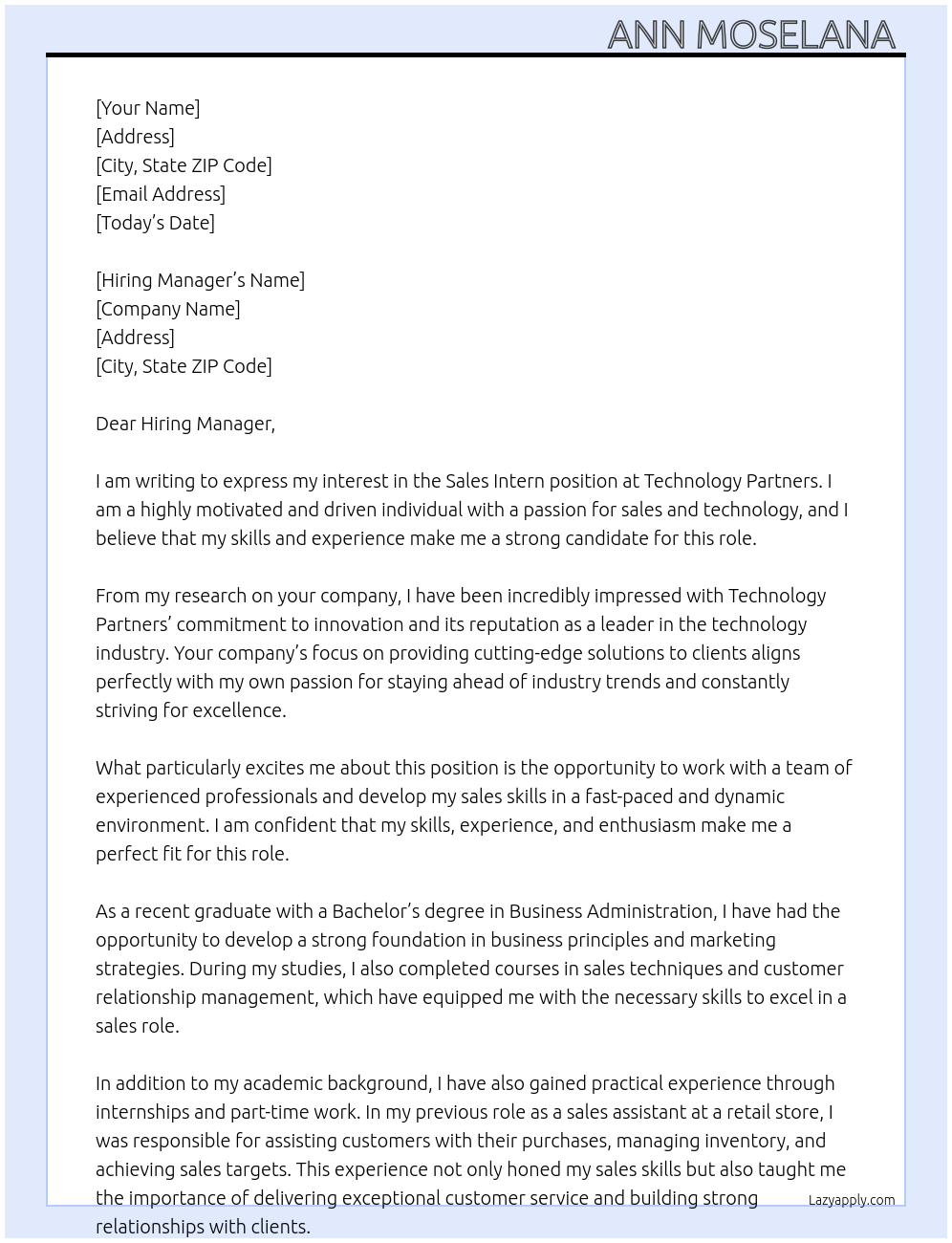 Sales intern At Technology partners Cover Letter