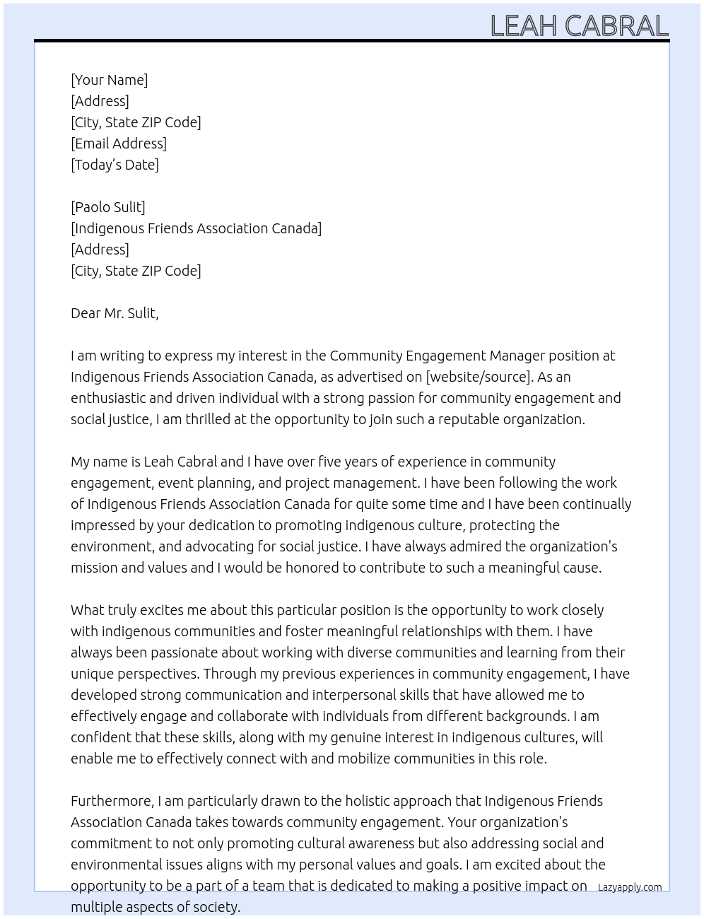 Community Engagement Manager At Indigenous Friends Association Canada Cover Letter