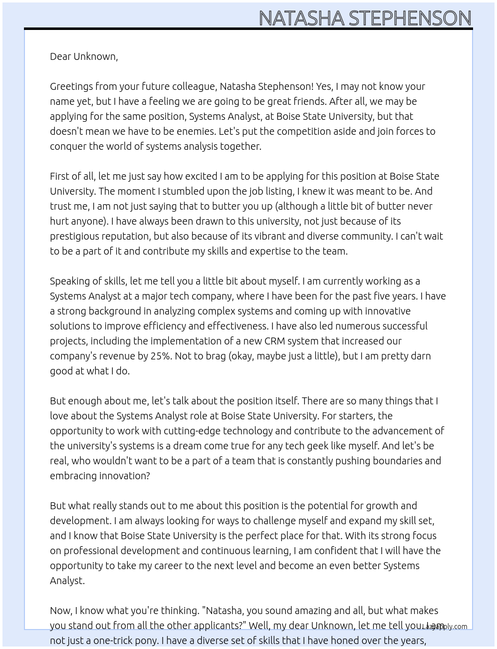 Systems Analyst At Boise State University Cover Letter