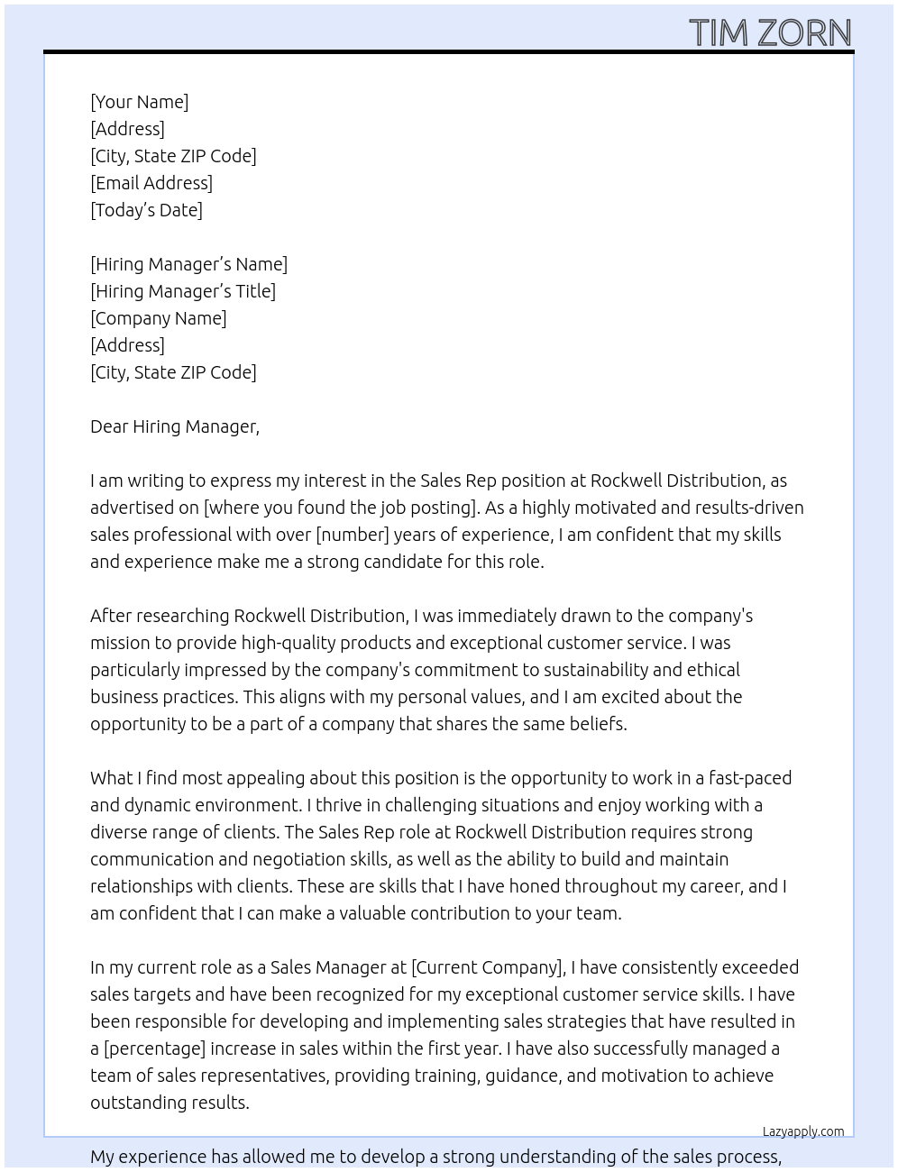 Sales Rep At Rockwell Distribution Cover Letter