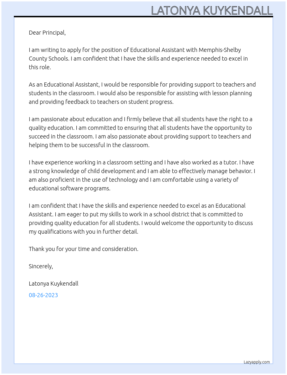 Educational Assistant At Memphis-Shelby County Schools Cover Letter