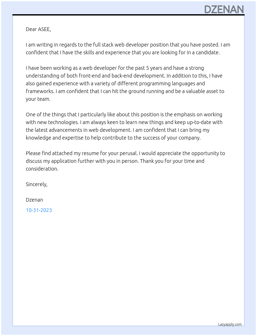 Full stack web developer At ASEE Cover Letter