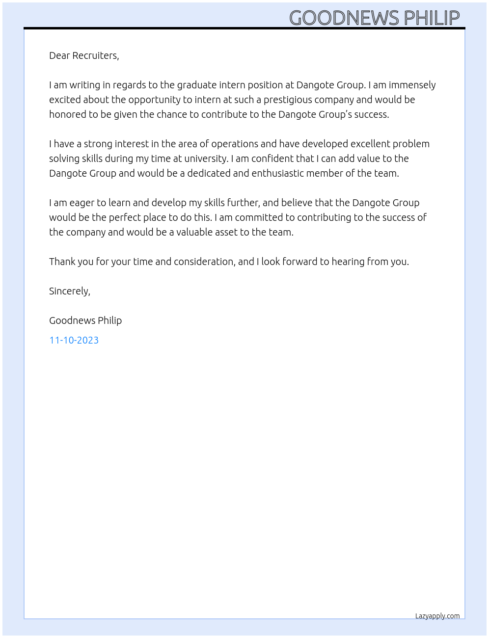 Graduate Intern At Dangote group  Cover Letter