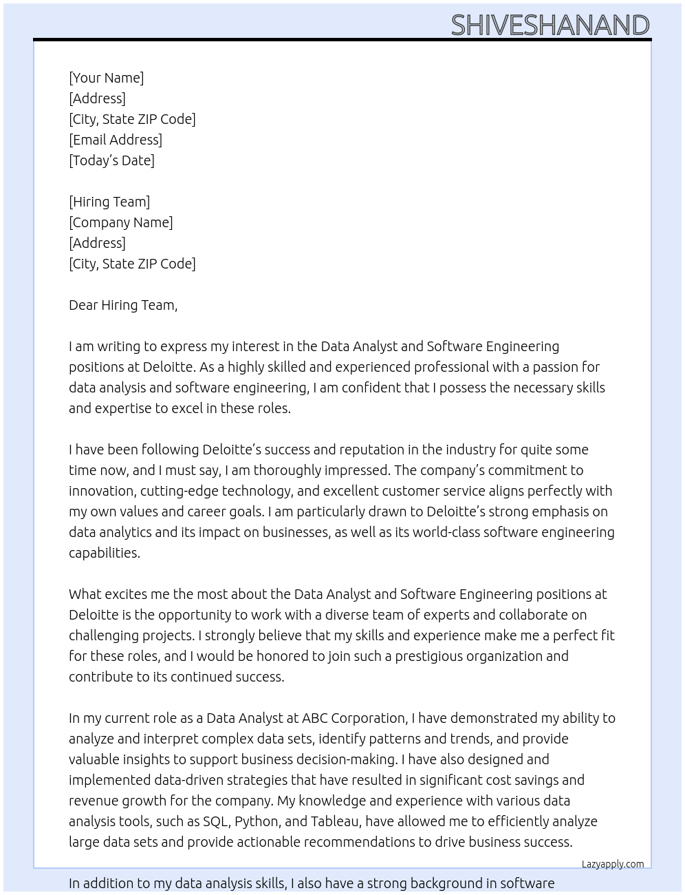 Data Analyst , Software Engennring At Delloite Cover Letter