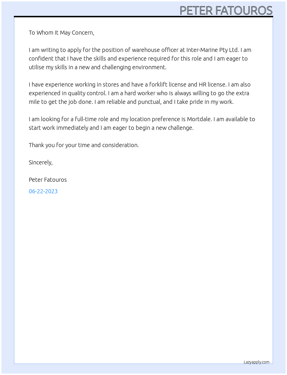 warehouse officer At inter - marine ptyltd Cover Letter