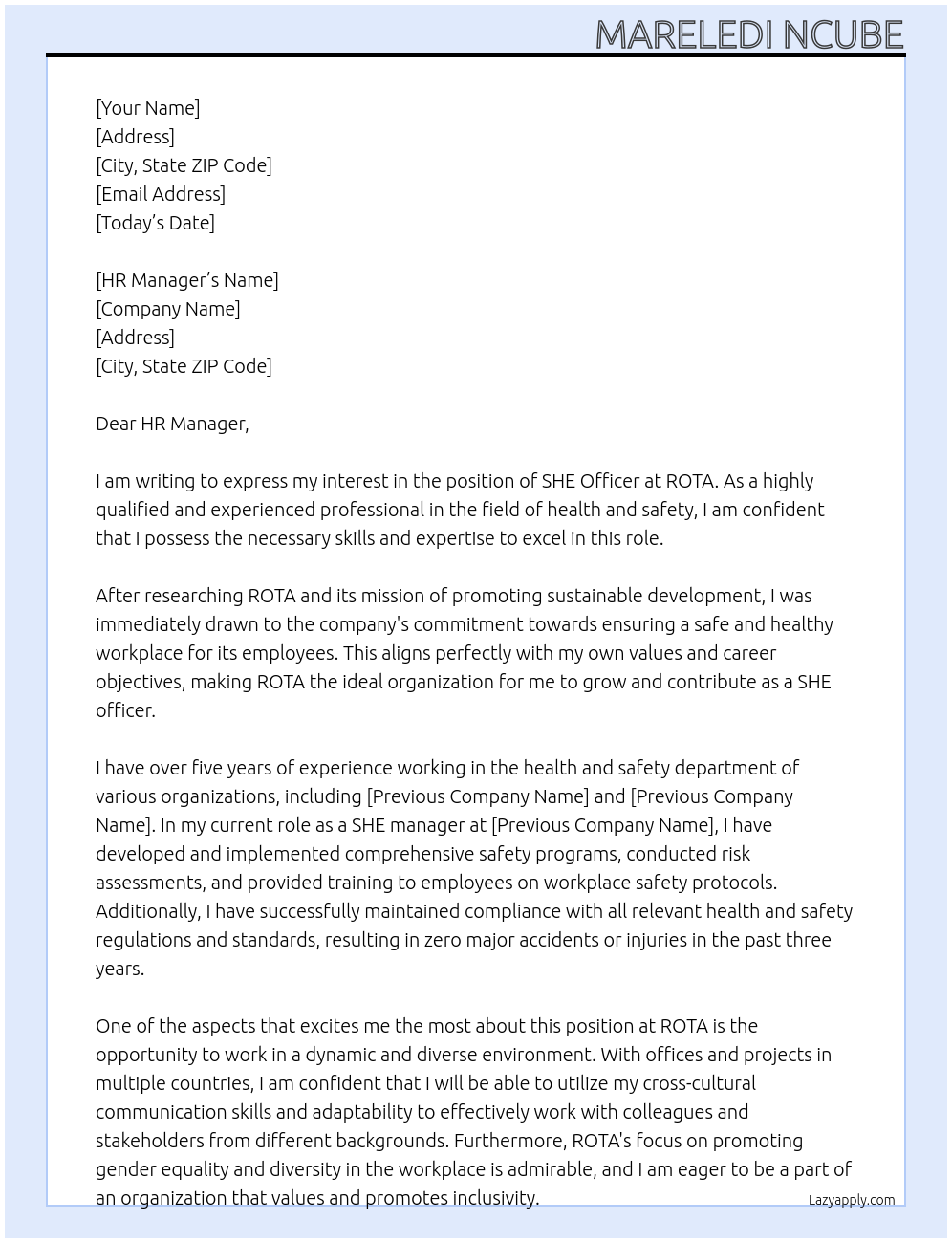 SHE officer At ROTA Cover Letter