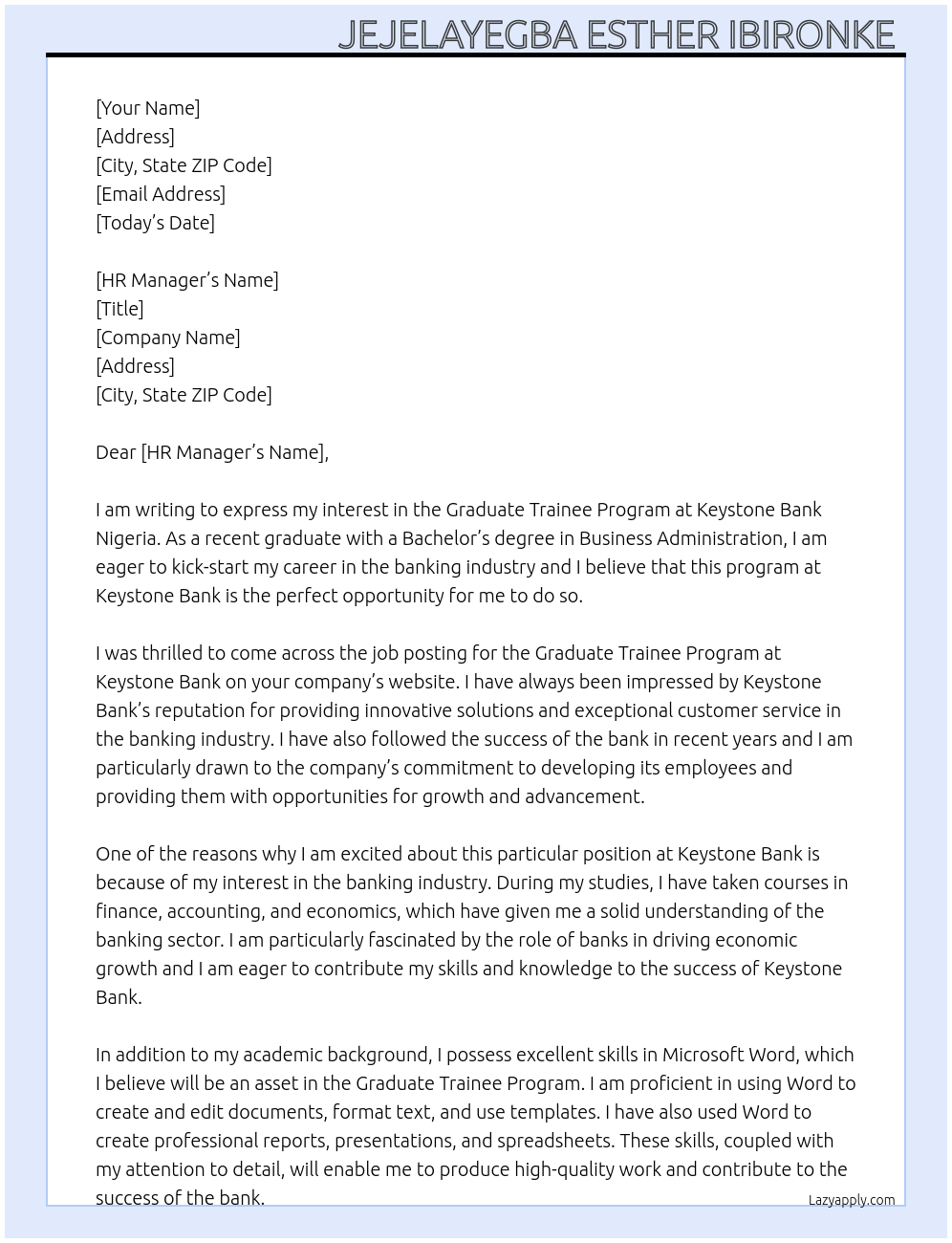 Graduate trainee program At Keystone Bank Nigeria Cover Letter