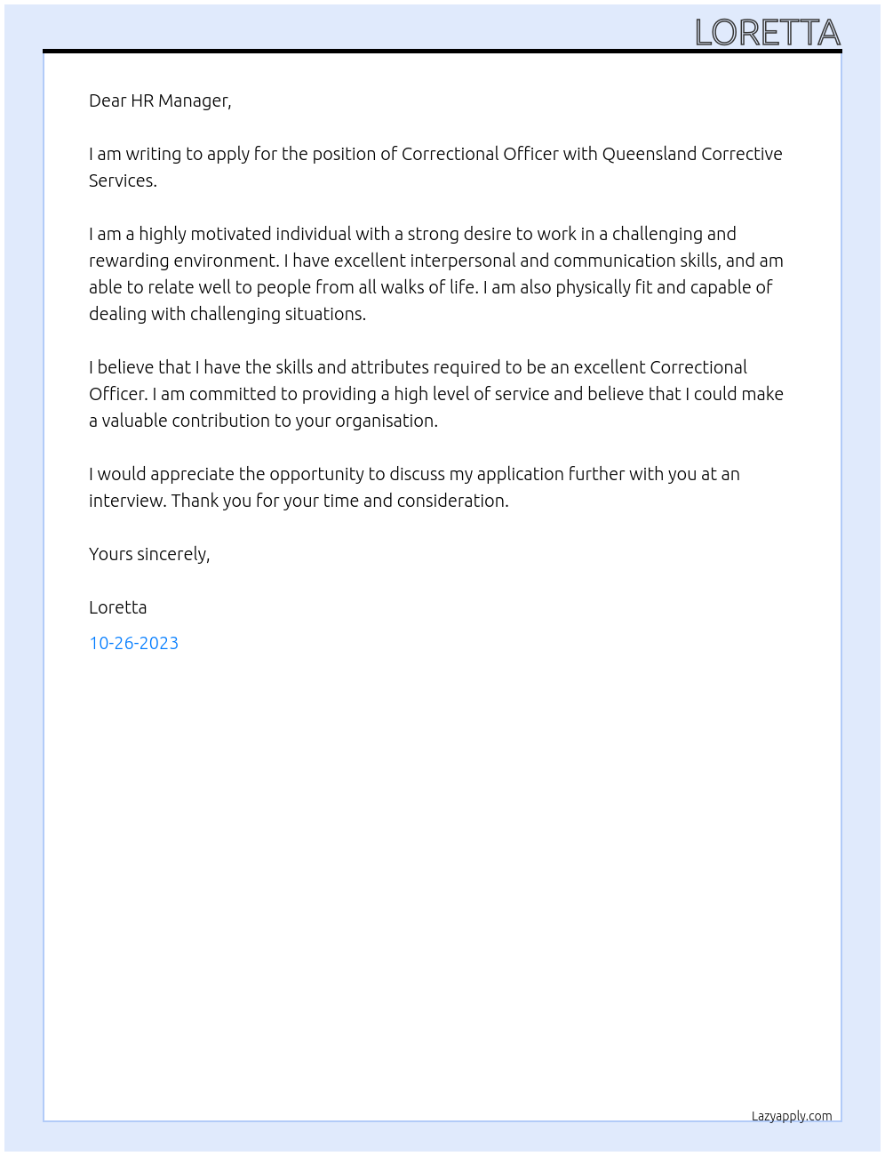 Correctional Officer At Queensland Corrective Services Cover Letter