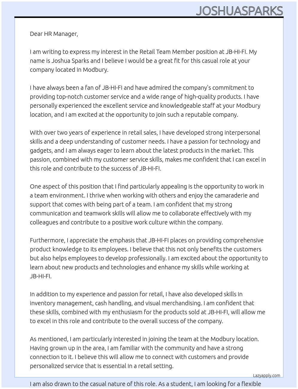 Retail Team Member At JB-HI-FI Cover Letter