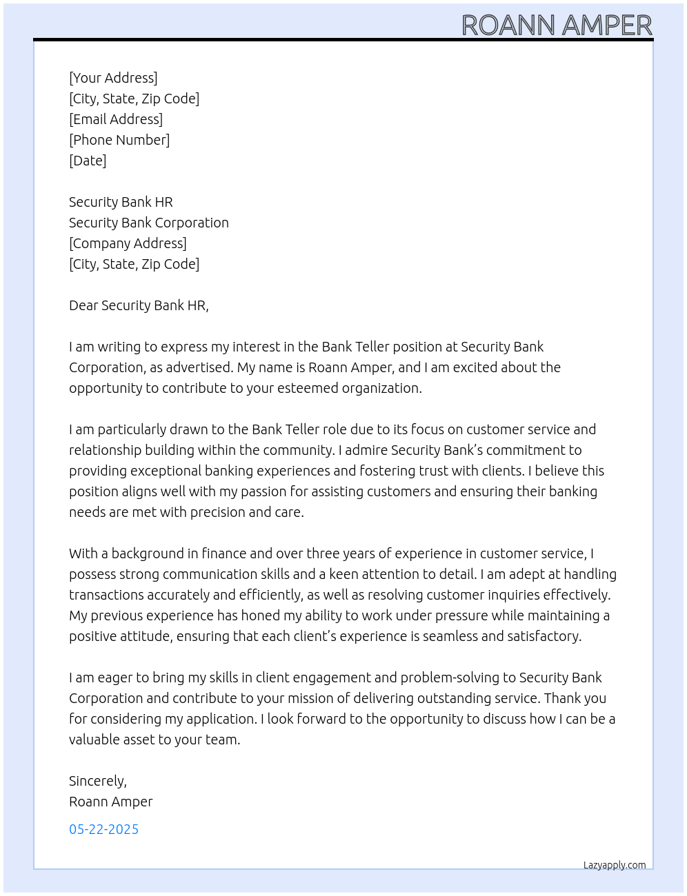 Bank Teller At Security Bank Corporation Cover Letter