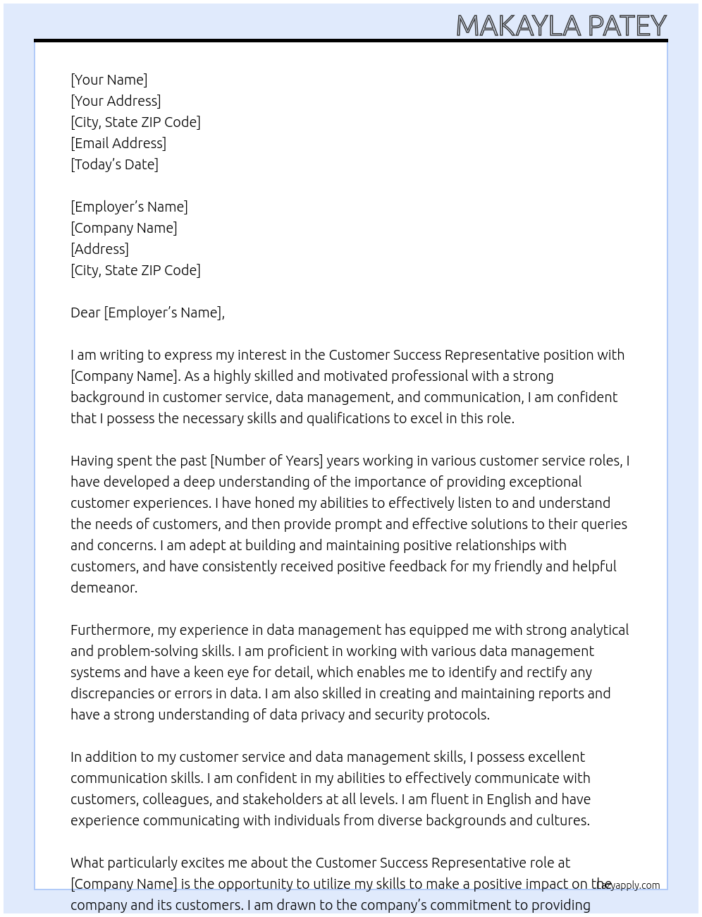 Cover letter for customer success representative - LazyApply