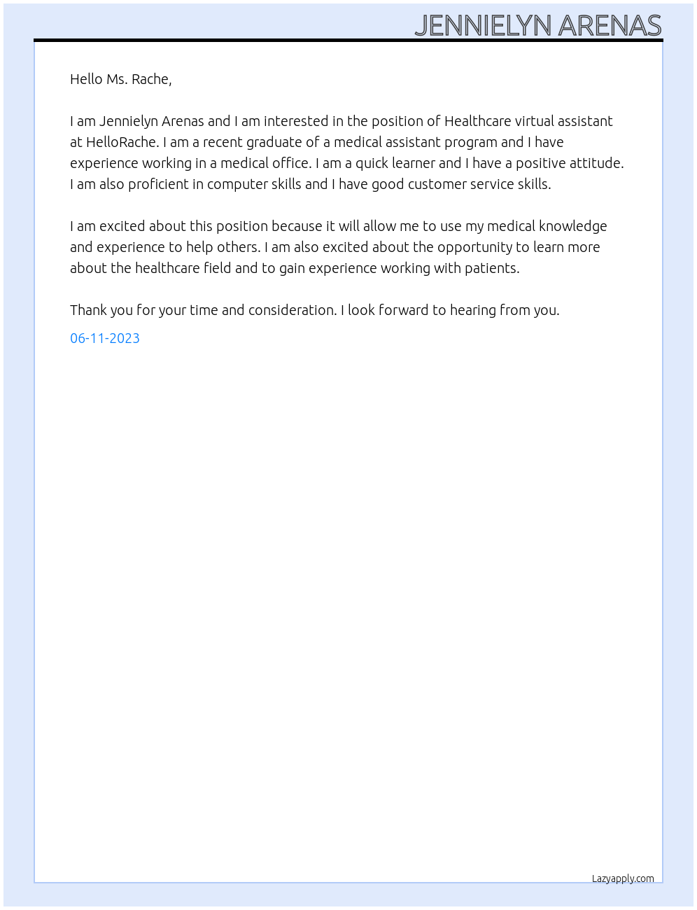 Healthcare virtual assistant  At HelloRache  Cover Letter