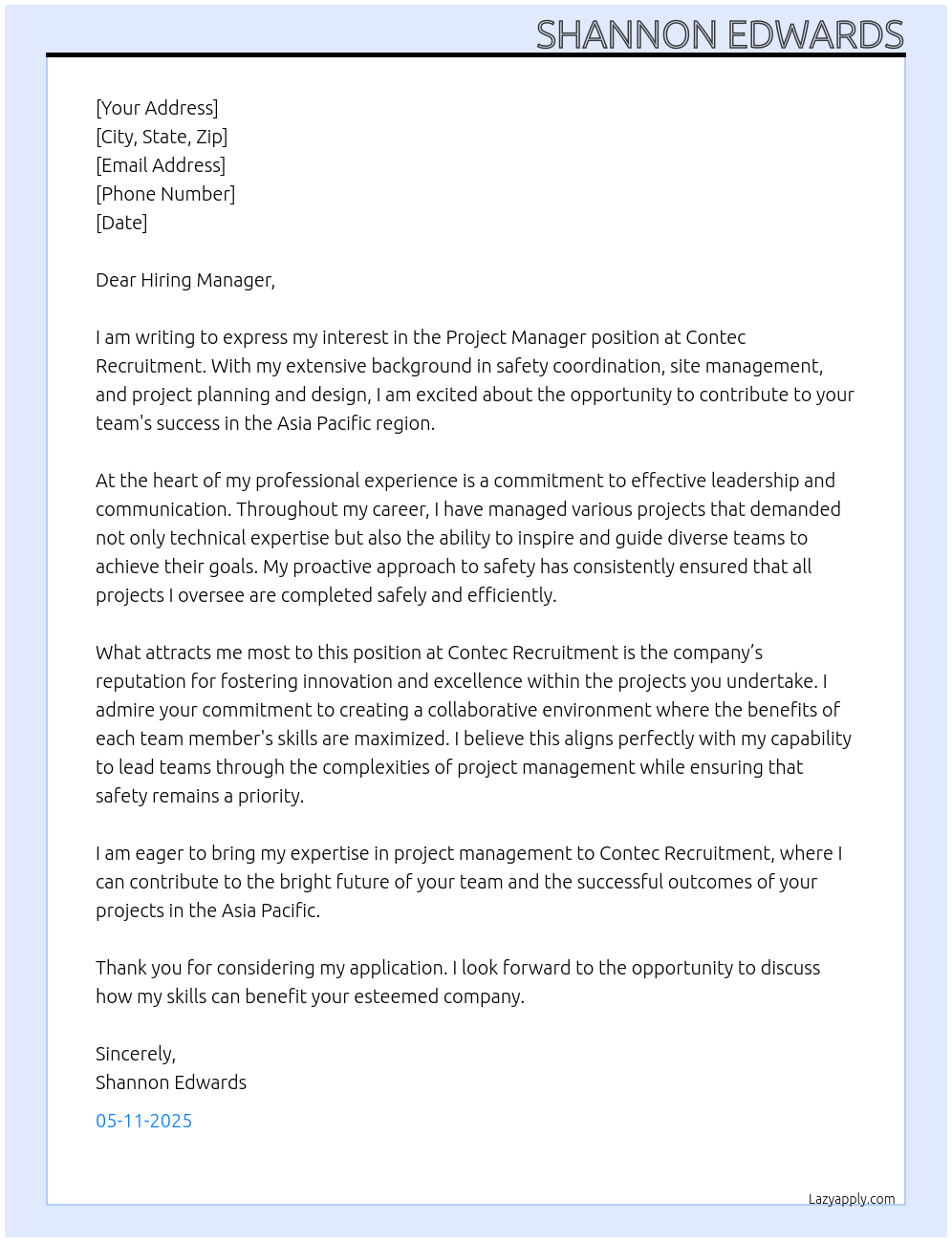 project manager At Contec Recruitment Cover Letter