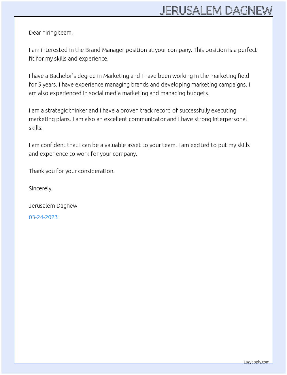 Brand Manager At unnown Cover Letter