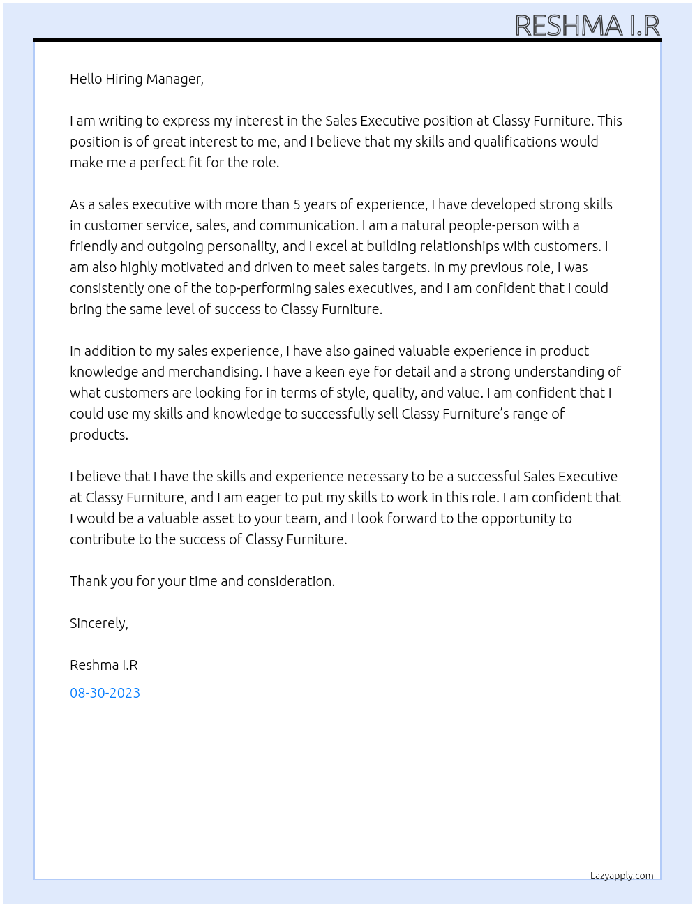 Sale Executive At Classy Furniture Cover Letter