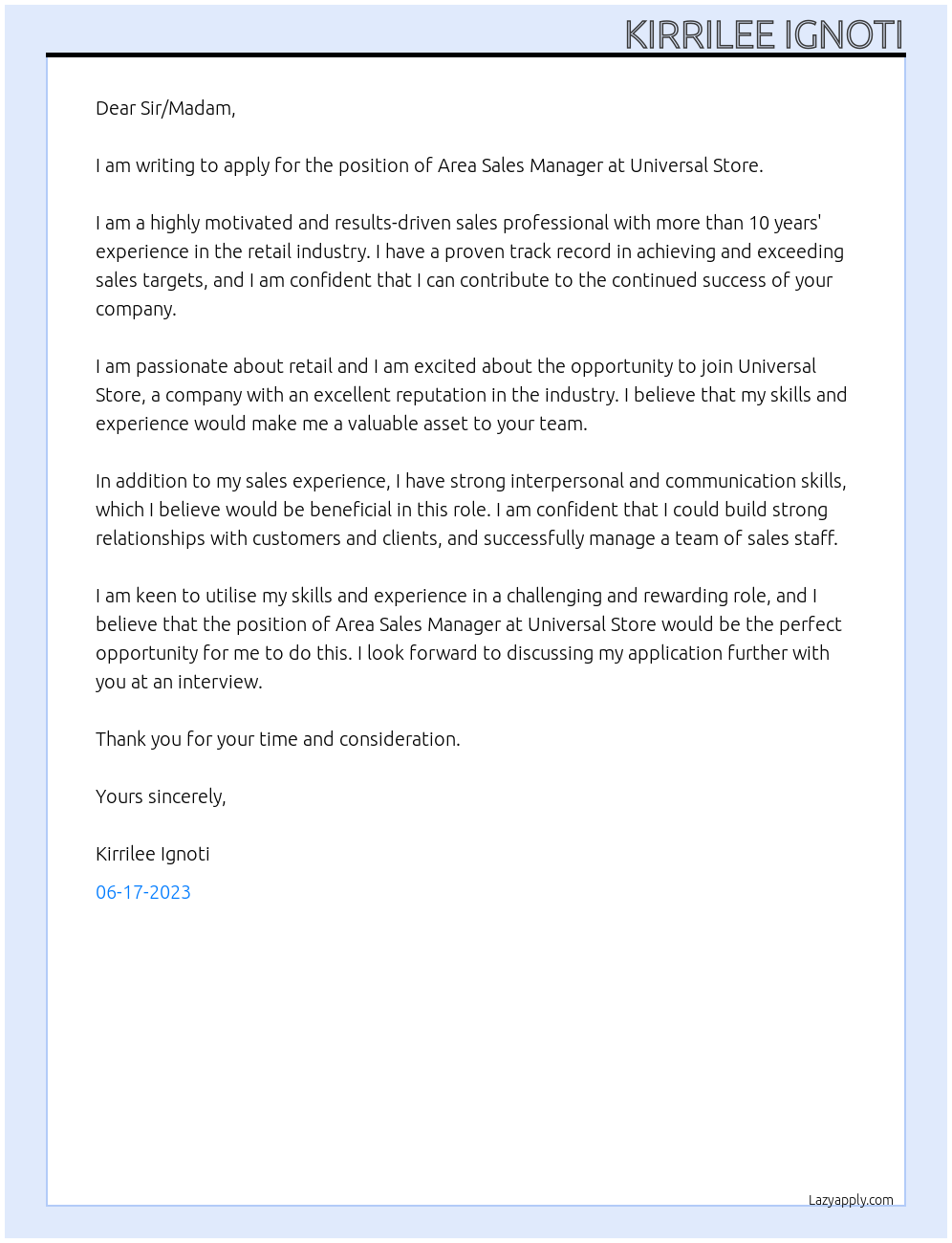 Area Sales Manager At Universal Store Cover Letter