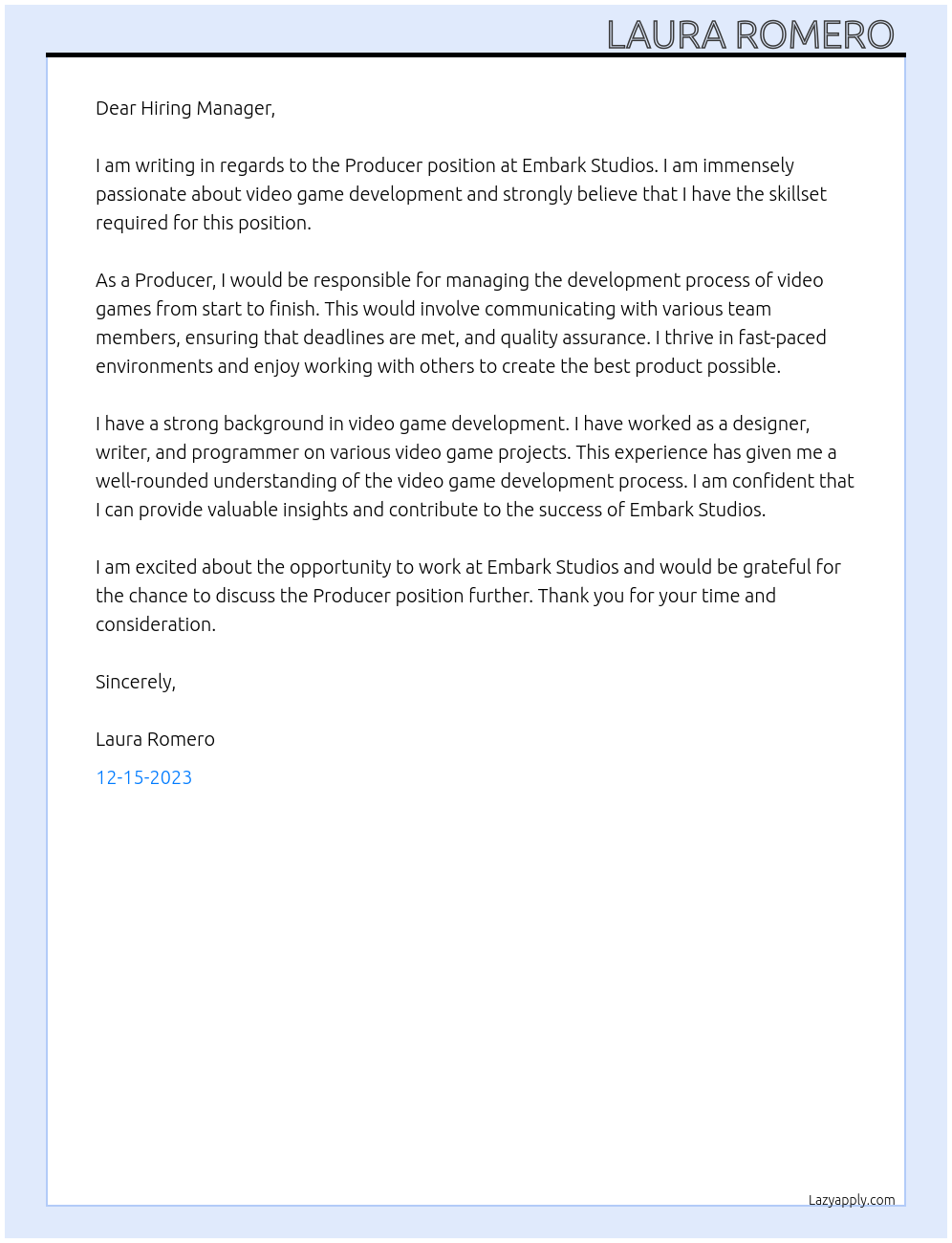 Producer  At Embark Studios Cover Letter