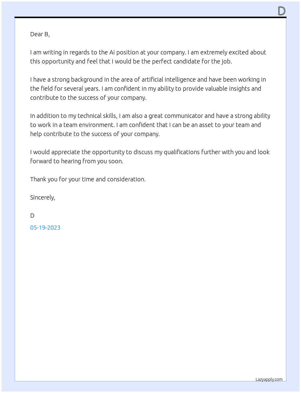 Ai At B Cover Letter