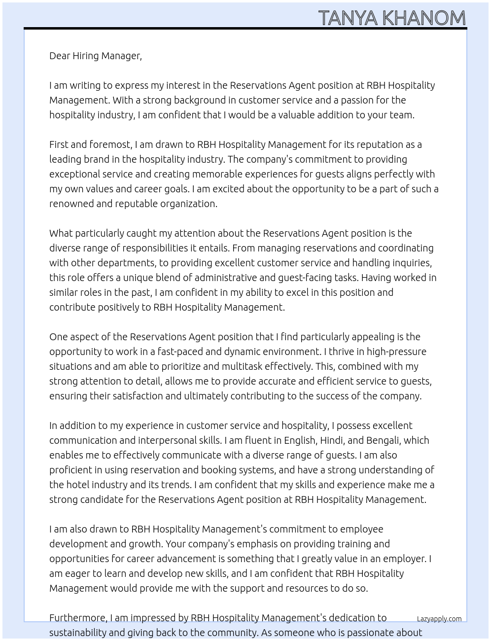 Reservations Agent At RBH Hospitality Management  Cover Letter