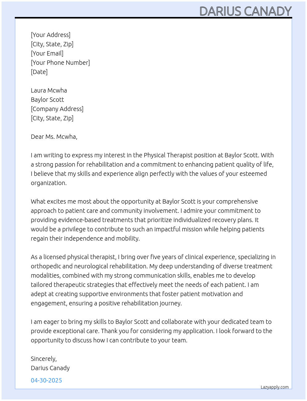 physical therapist At Baylor scott Cover Letter