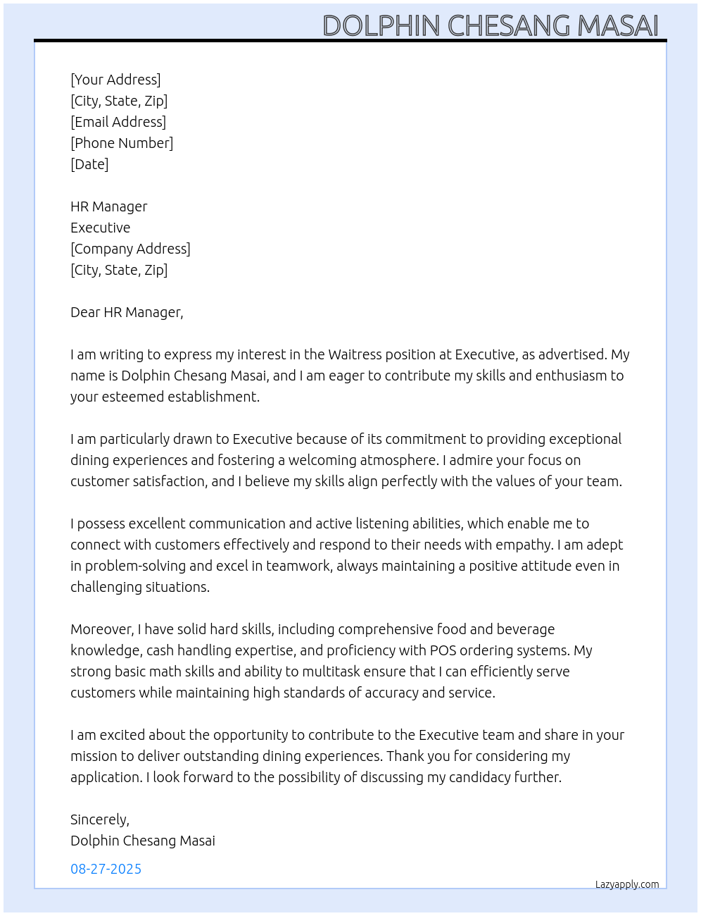 Waitress  At Executive  Cover Letter