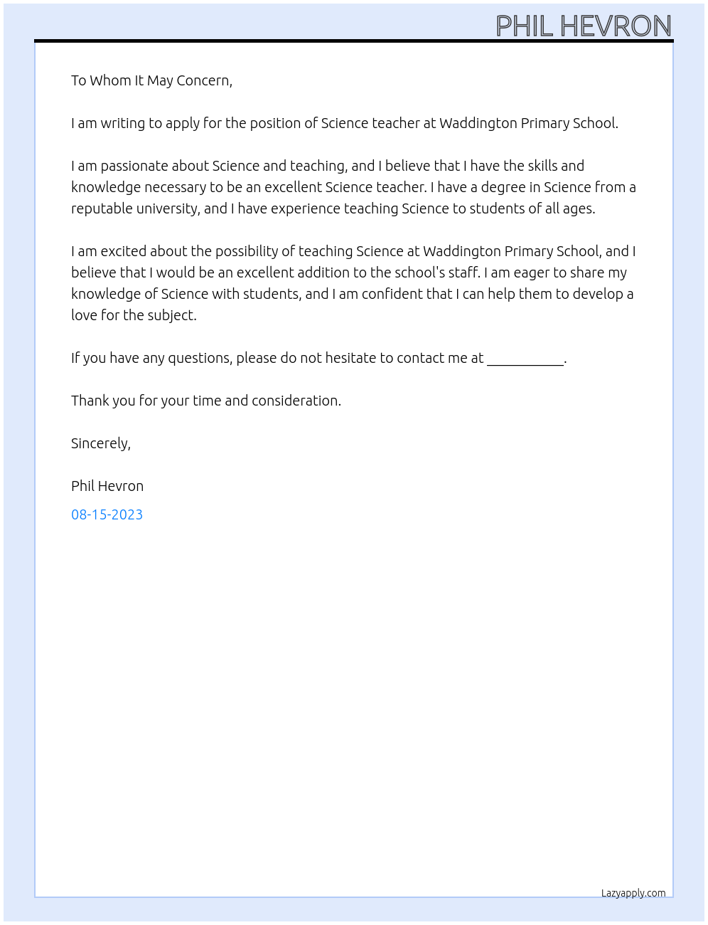 Science teacher At Waddington Primary School Cover Letter