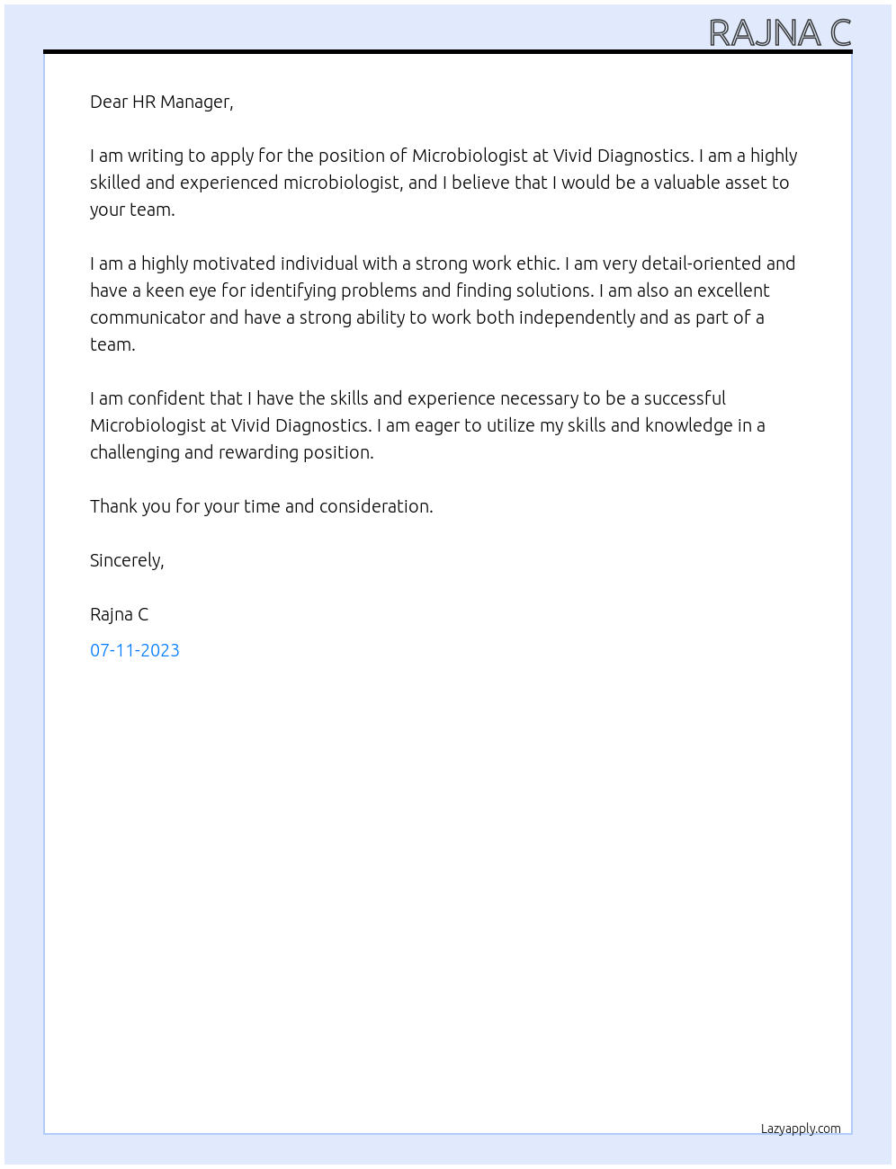 Microbiologist At Vivid diagnostics Cover Letter