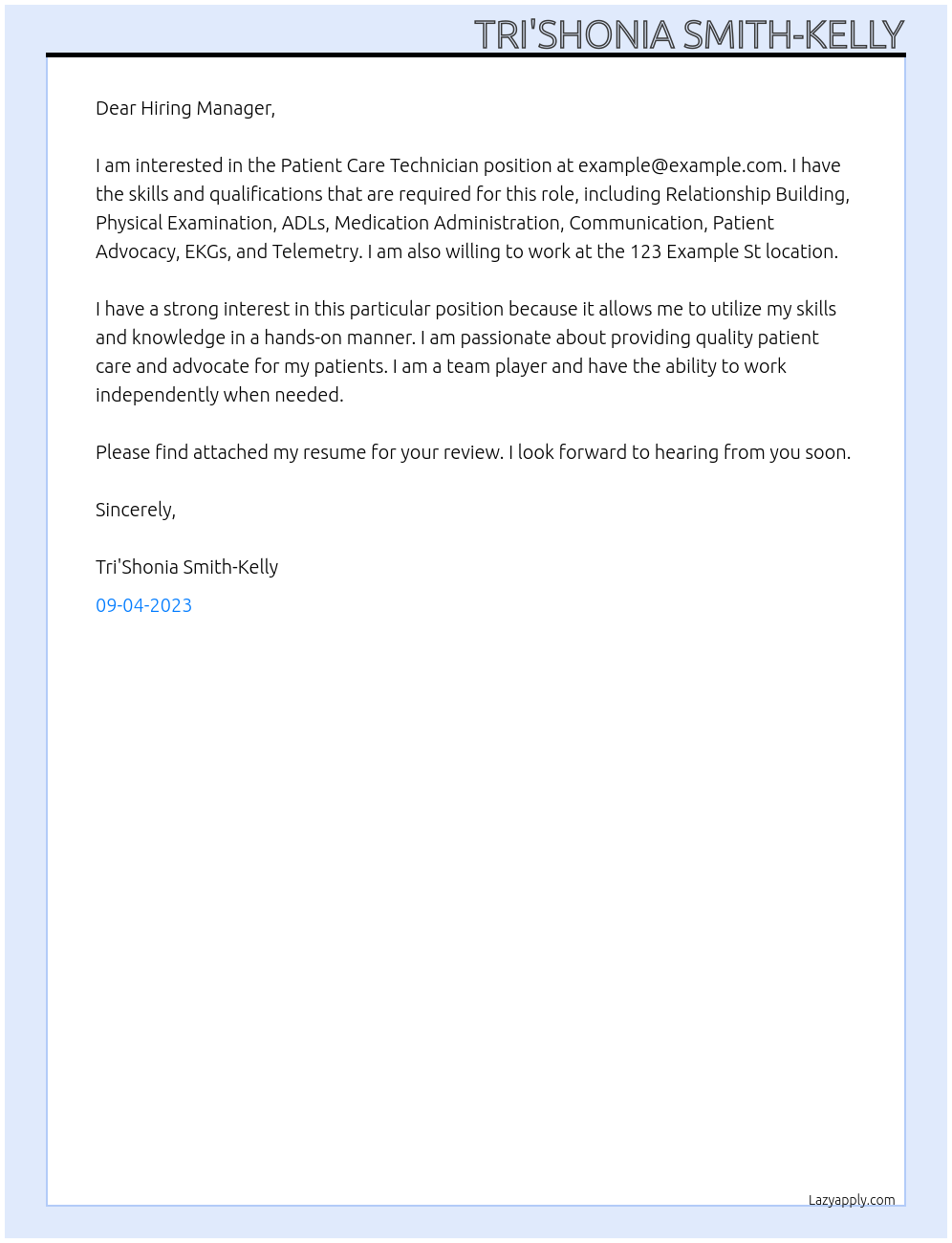 Patient Care Technician  At example@example.com Cover Letter