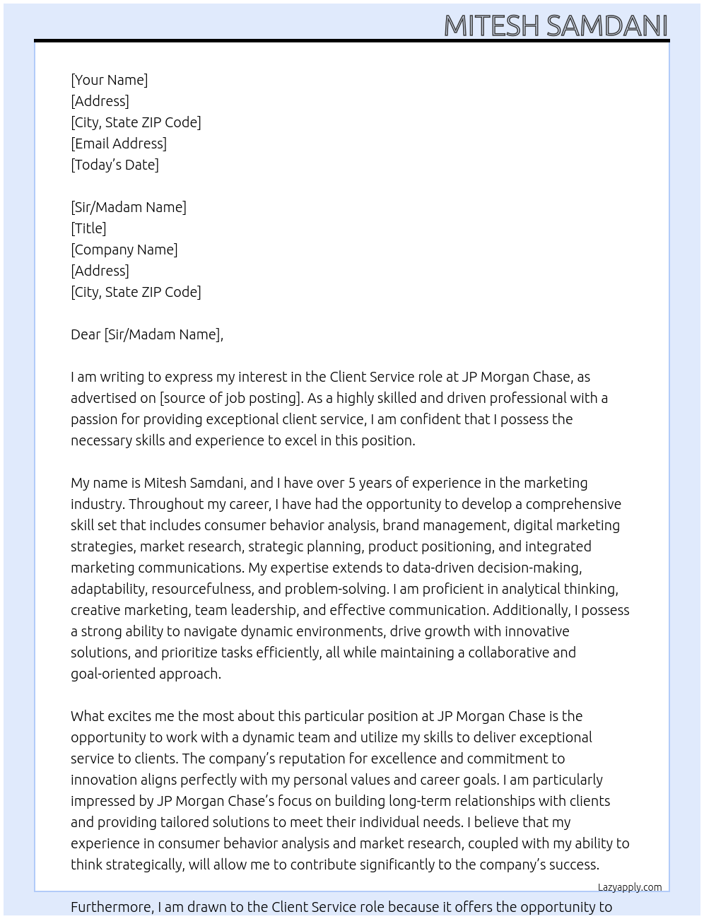 Client Service At JP Morgan Chase Cover Letter