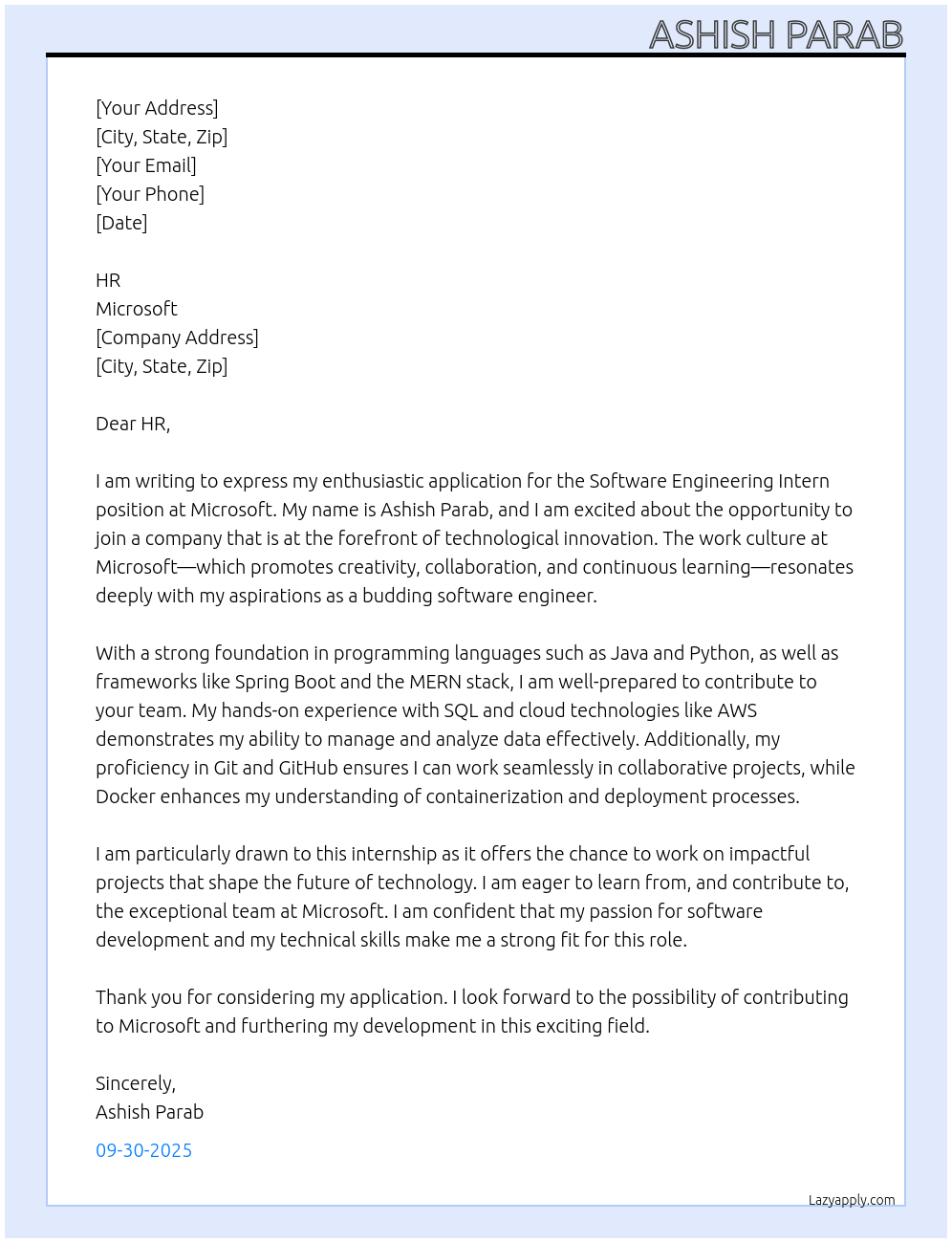 Software Engineering intern At Microsoft Cover Letter