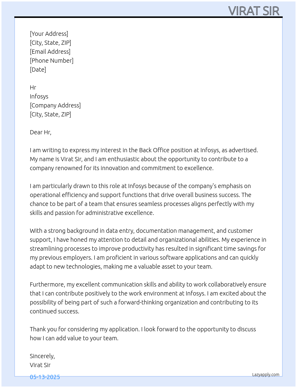 Back office At Infosys Cover Letter