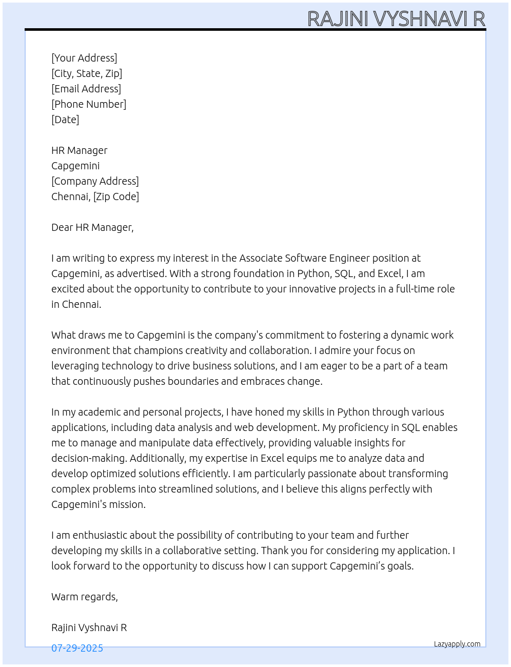 Associate software engineer At Capgemini Cover Letter