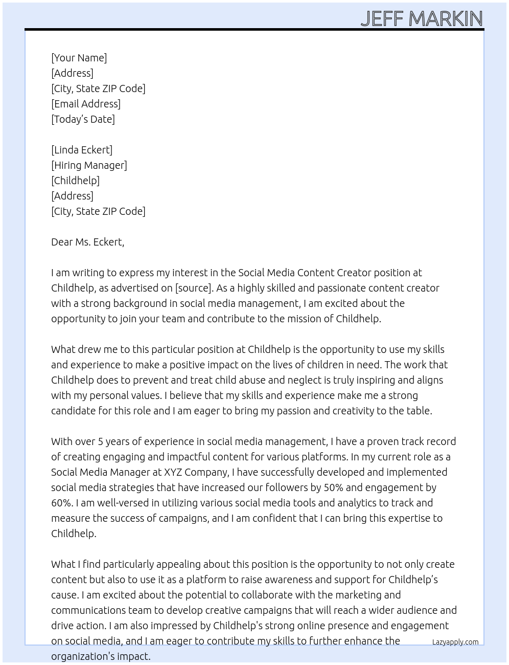 Social Media Content Creator At Childhelp Cover Letter