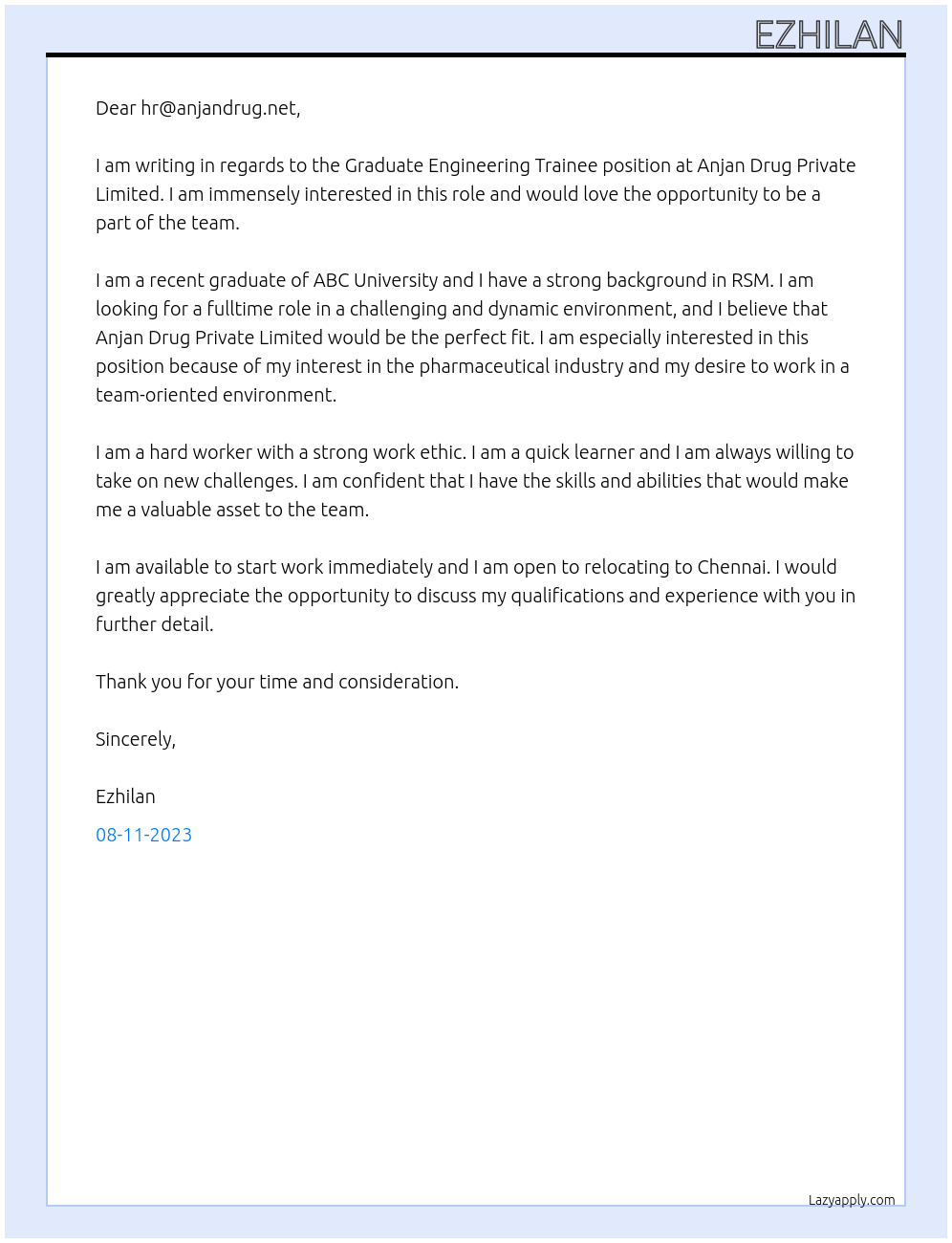 Graduate Engineering Trainee At Anjan Drug Private Limited Cover Letter