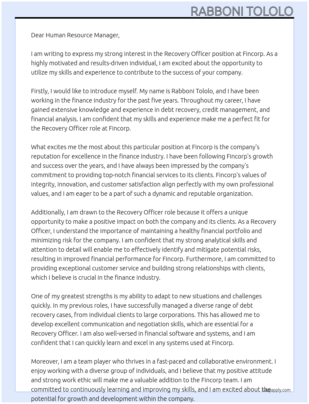 Recovery Officer At Fincorp Cover Letter