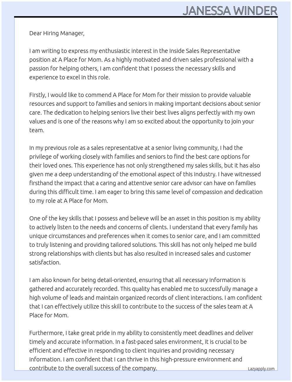 Inside Sales Representative At A Place for Mom Cover Letter