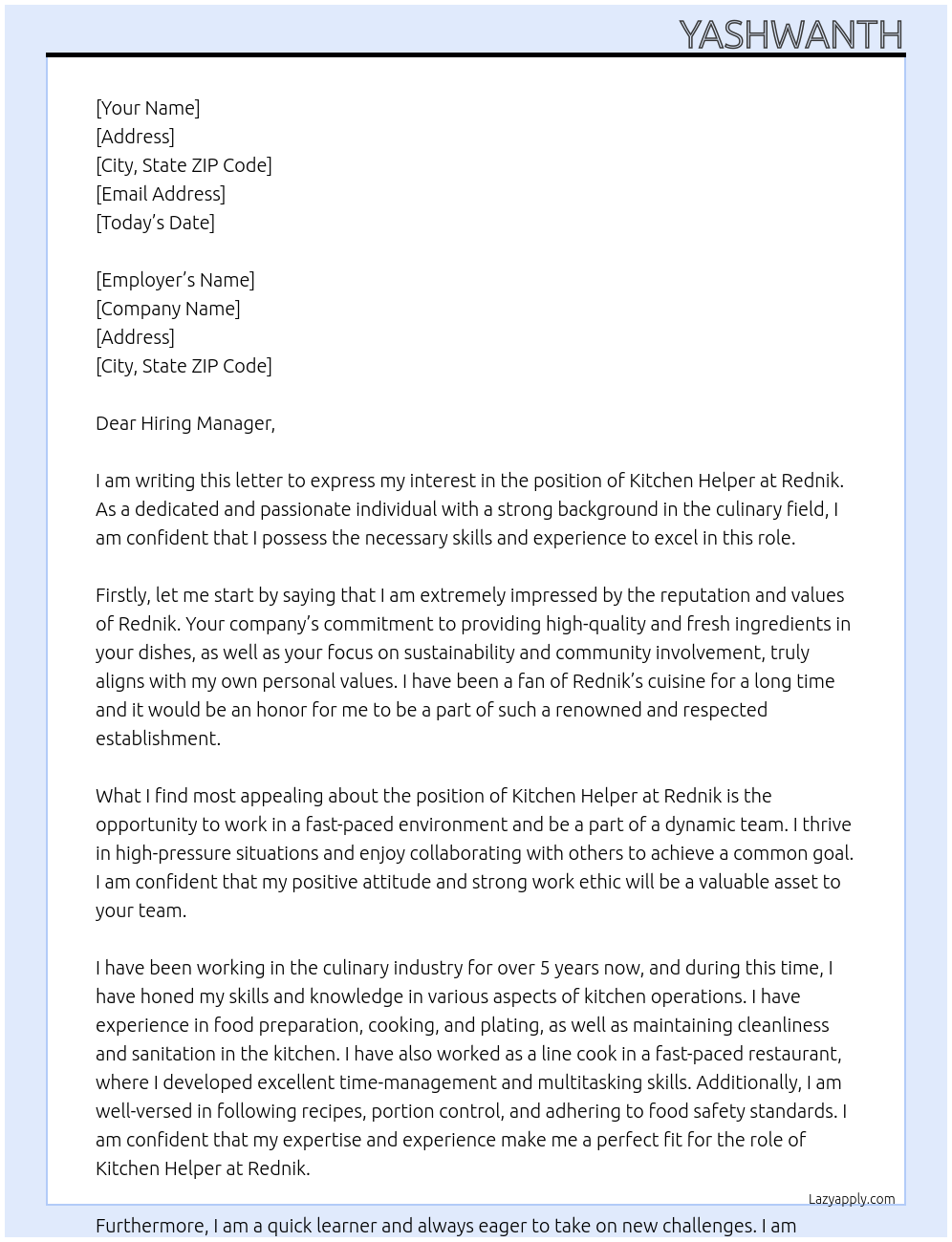 kitchen helper At rednik Cover Letter